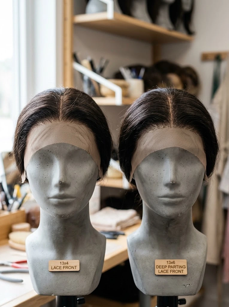 13x4 versus 13x6 lace front wig comparison showing approximately four inches versus six inches of front lace depth and the resulting parting space