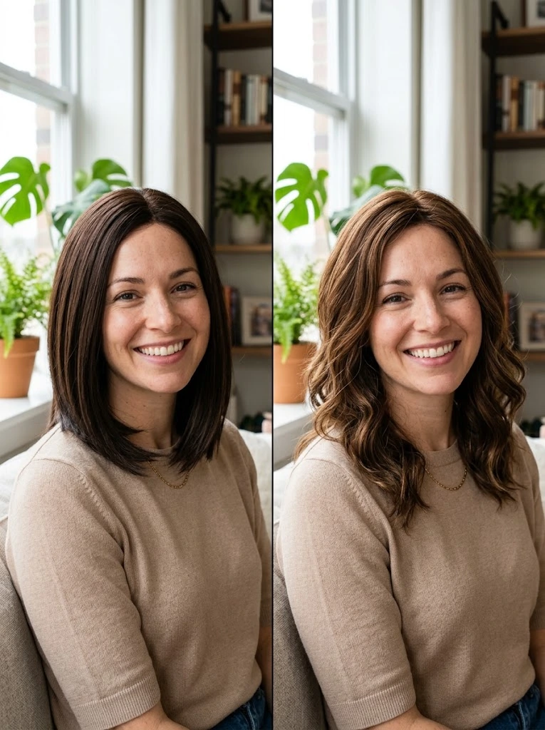 AI try-on comparison of natural brown, chocolate brown, chestnut brown, espresso brown, ash brown, and brown ombre wig shades on the same face