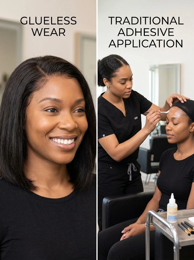 Glueless versus adhesive lace front wig comparison showing adjustment features and installation differences for everyday wear