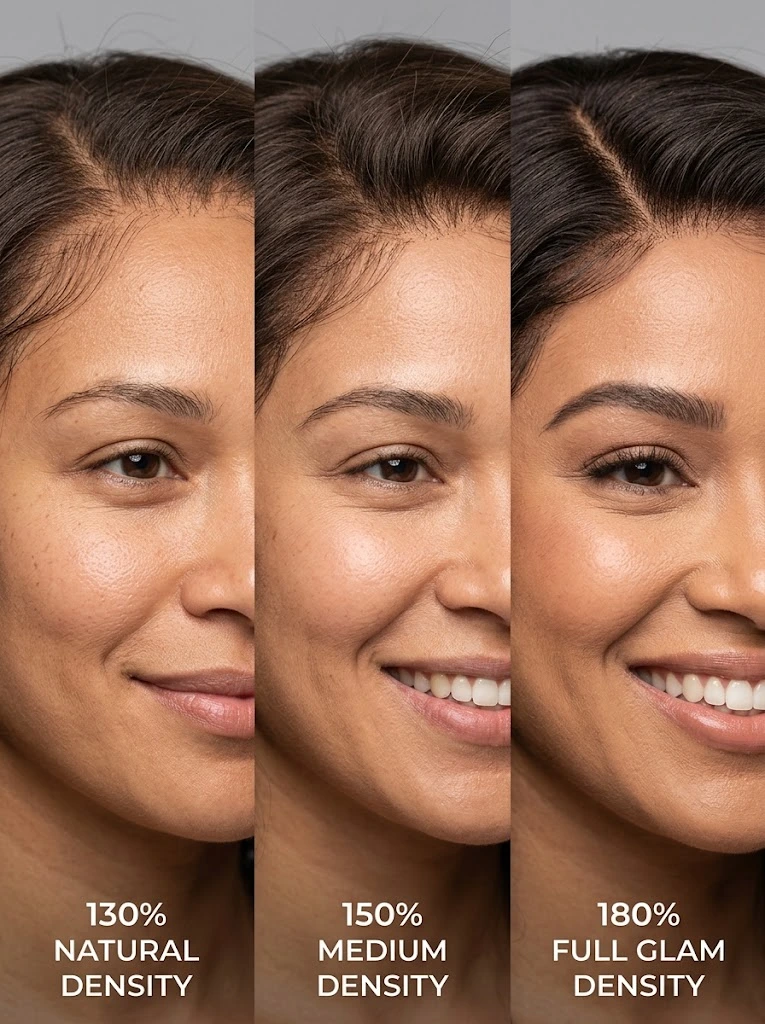 Comparison of low, medium, and high wig density showing how hair fullness changes the silhouette around an oval face