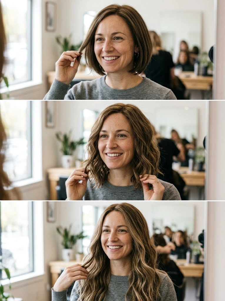 Comparison of bob, lob, 16-inch, and 18-inch wig lengths showing how different lengths frame an oval face