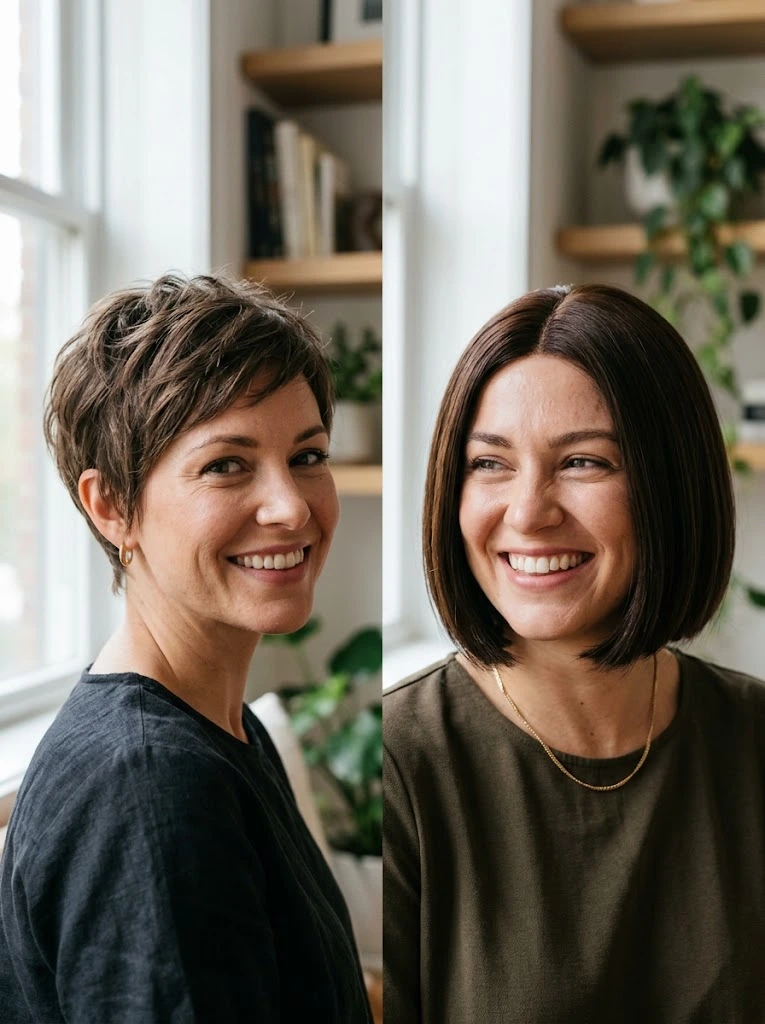 Side-by-side short wig comparison showing a chin-length bob, bixie and pixie silhouette on the same face for AI virtual try-on decision making