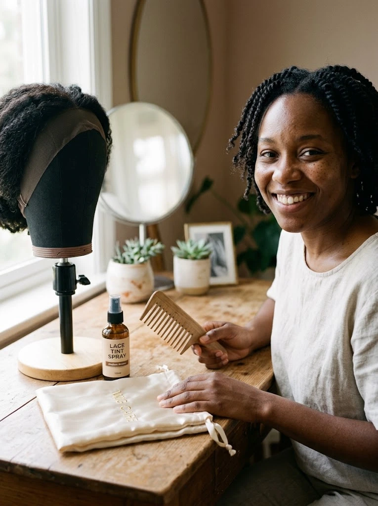 AI virtual wig style comparison showing an angled lob, long layers, soft waves, and side-parted options for a round face