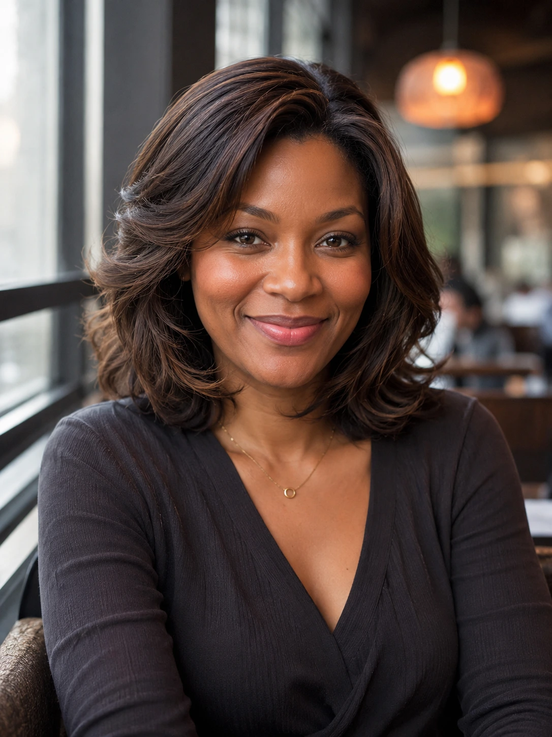 Woman with an oval face comparing realistic hairstyles on her photo
